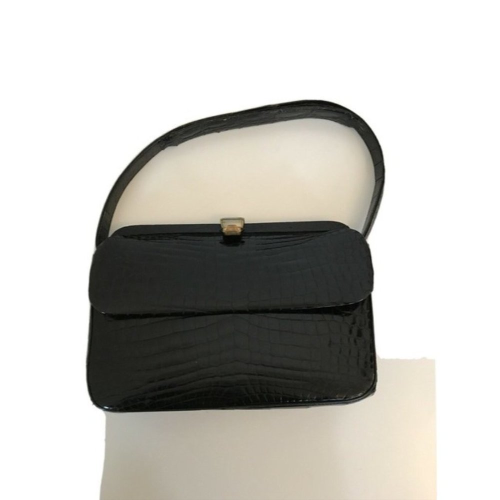 Lancel Navy Crocodile Leather Boxy Hinged Top Bag